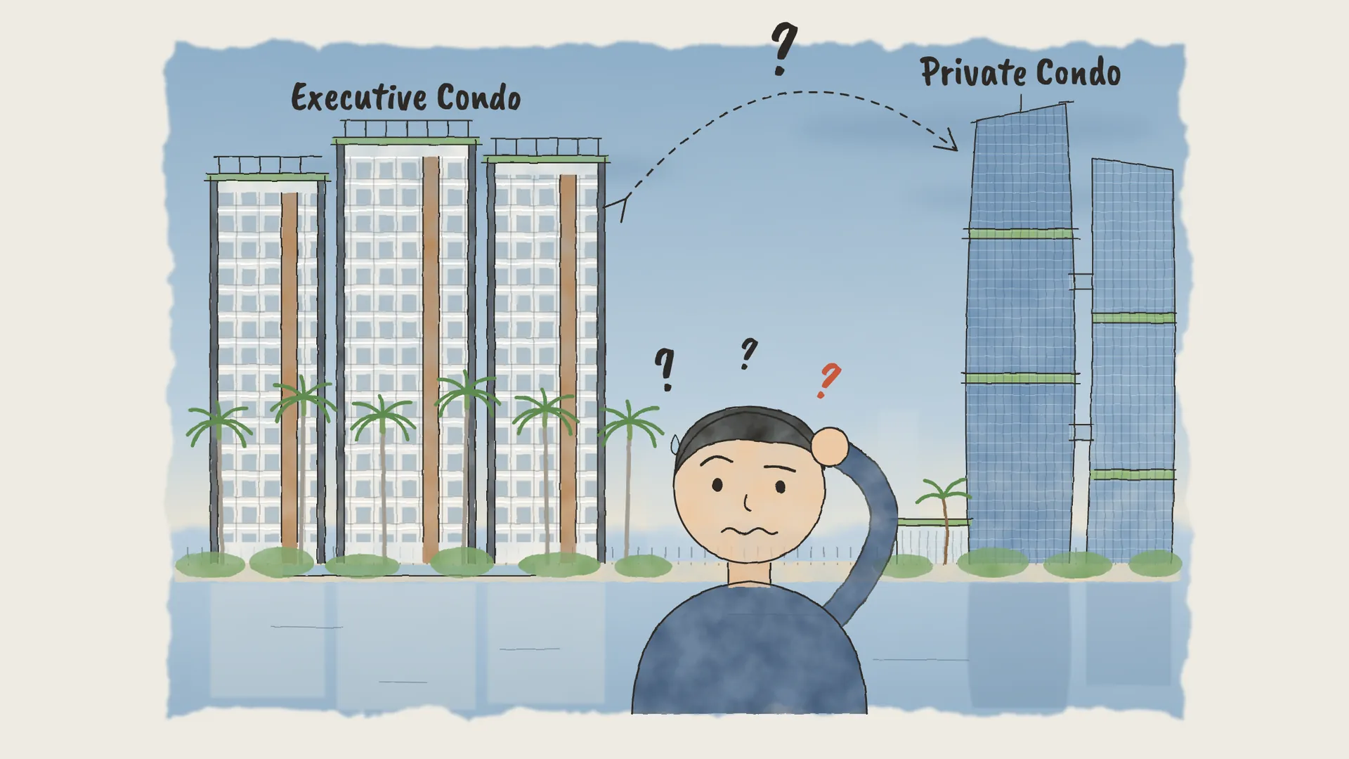 Illustration of a person scratching their head between two skylines: pale low-rise blocks on the left labelled "Executive Condo", blue glass towers on the right labelled "Private Condo", with question marks above.